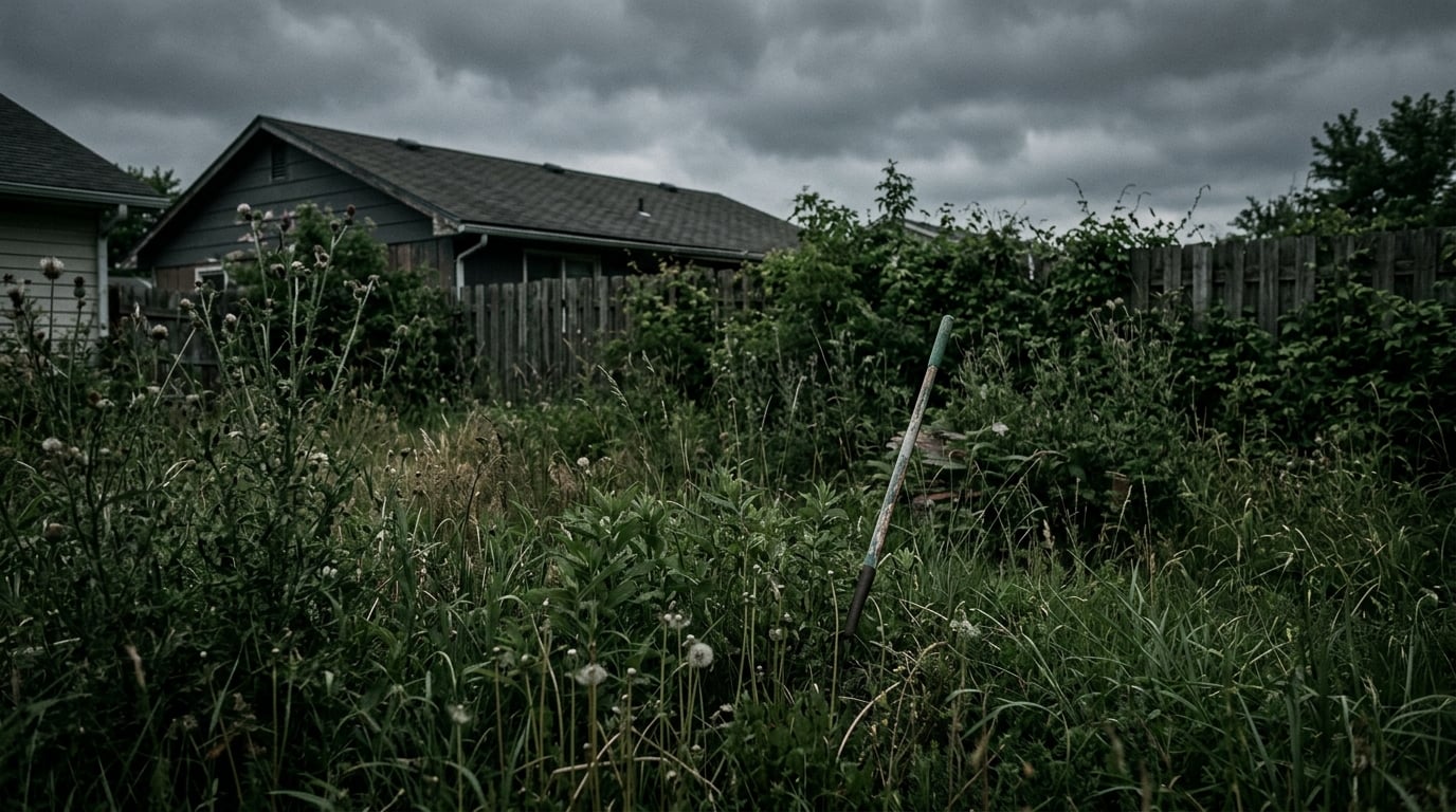 Overgrown yard with tall weeds before weed wacking service