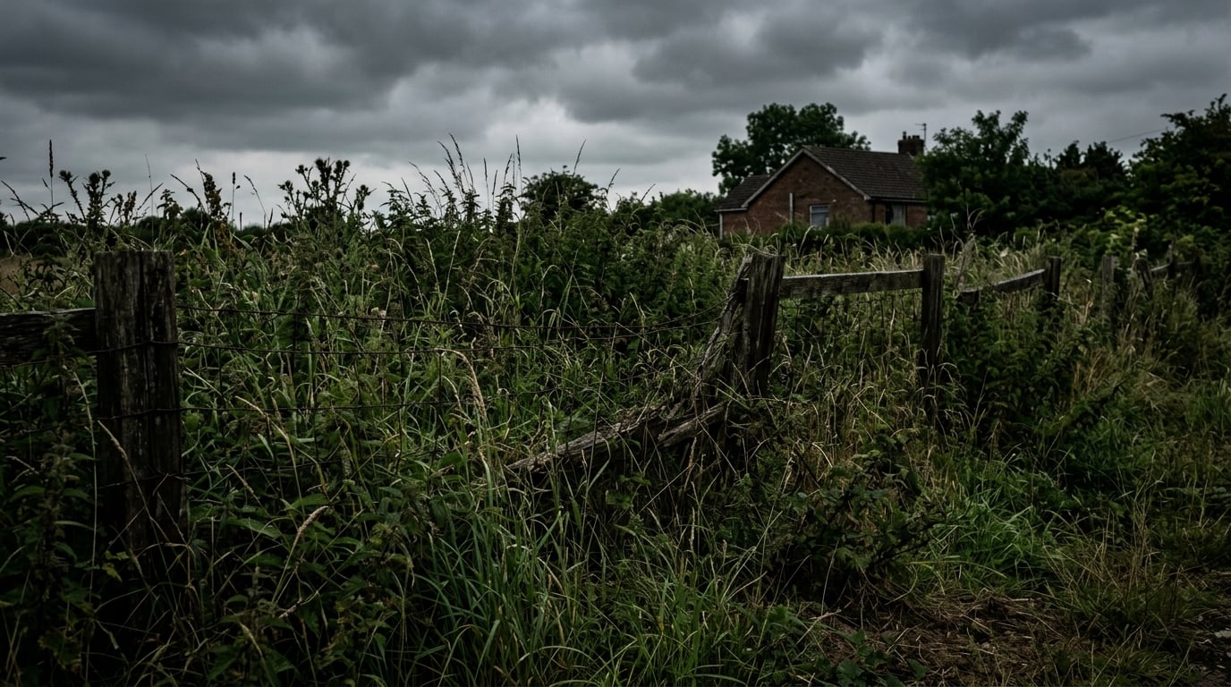 Overgrown weeds along fence line before service