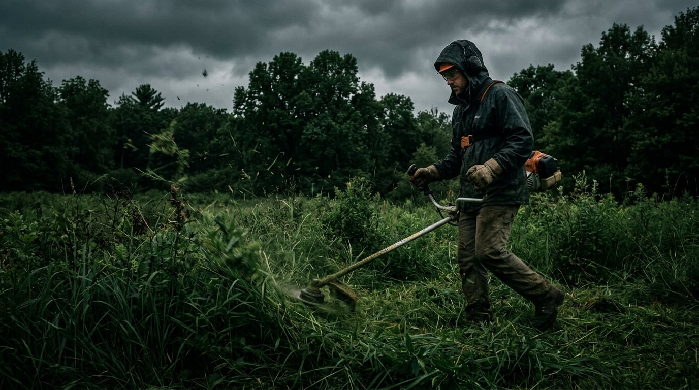 Professional weed wacking service in action