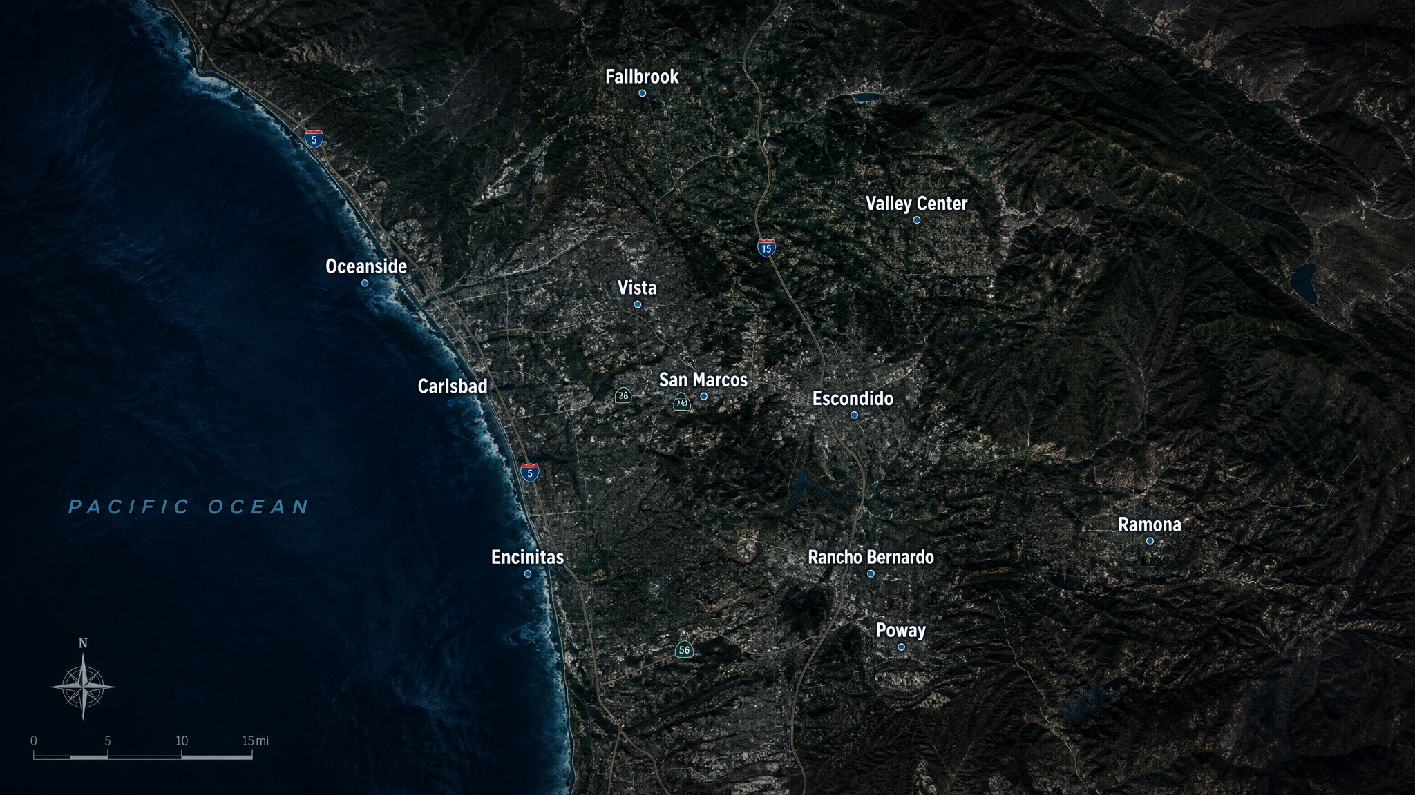 Map showing WeedMaster Pro service area across North County San Diego including Escondido, Oceanside, Vista, Carlsbad, and surrounding cities